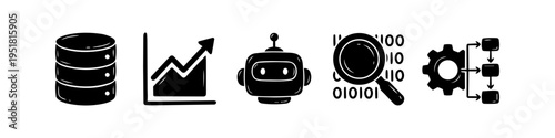 Set of black hand-drawn icons representing database, growth charts, artificial intelligence robot, data analysis, and workflow automation on a clean white background.