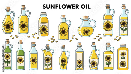 Extensive collection of various bottles, jars, and carafes filled with golden sunflower oil, accompanied by vibrant sunflowers, on a white background.