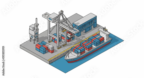 Isometric illustration of a busy shipping port with a cargo ship being loaded by a large crane and containers stacked on the dock.