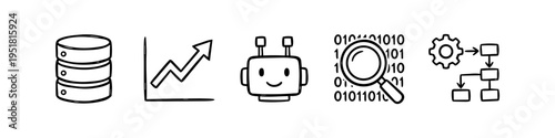Hand-drawn doodle icons representing artificial intelligence, big data analysis, robot automation, business growth chart, and workflow processing on white background.