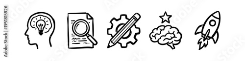 Hand-drawn business process icons including idea, research, development, expertise, and launch. Minimalist doodle style vector for startup, strategy, and creative workflow concepts.