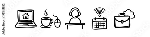 Set of hand-drawn icons representing remote work and working from home, featuring a laptop, coffee, customer support person, calendar with wifi, and briefcase. Minimalist black ink doodle style.