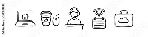 Hand-drawn doodle icons representing remote work and work from home concepts, including a laptop, coffee, customer support person, calendar with wifi, and cloud storage briefcase.