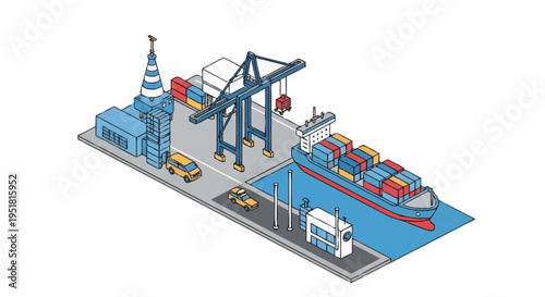 Isometric illustration of a busy container port with a large cargo ship being loaded by a gantry crane, alongside warehouses and vehicles.