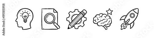 Set of five hand-drawn doodle icons representing a creative business process: idea, research, development, brainstorming, and product launch. Minimalist black and white sketch style.