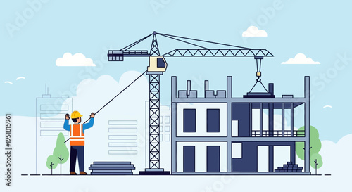 Construction scene depicting a worker with a crane and building under development presented as a striking silhouette high quality professional detailed