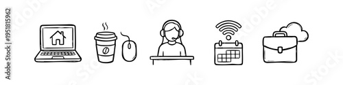 Hand-drawn icons illustrating remote work and work-from-home concepts, featuring a laptop, coffee, customer support, wifi calendar, and cloud business briefcase in a simple line art doodle style.