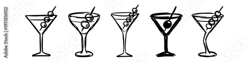 Set of five hand-drawn martini glass sketches with olives. Minimalist black and white cocktail illustrations for bar menus, party invitations, and nightlife designs.