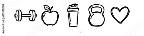 Hand-drawn fitness and healthy lifestyle icons featuring a dumbbell, apple, shaker, kettlebell, and heart. Minimalist black line art sketch for gym and wellness design.