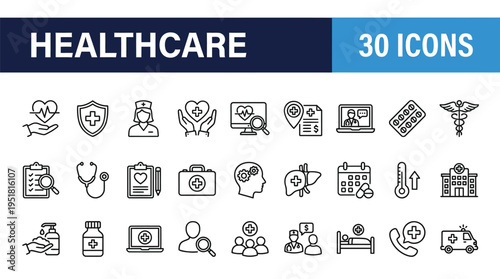 Healthcare icons set with medical, hospital, and wellness symbols in outline style on light background.