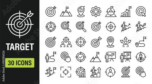 Target icons set with goal, focus, and achievement symbols in outline style on light background.