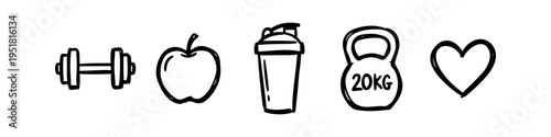 Set of hand-drawn fitness and health icons including a dumbbell, apple, protein shaker, kettlebell, and heart. Black ink doodle style on white background for gym and wellness concepts.
