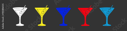 Set of hand-drawn colorful martini glass icons with olives, ideal for cocktail menus, bar branding, and nightlife design elements on a dark background.