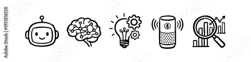 Set of black and white hand-drawn icons representing artificial intelligence, machine learning, innovation, voice assistant, and data analytics on a white background.