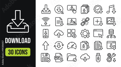 Download icons set with file transfer, cloud, and data symbols in outline style on light background.