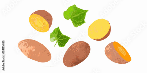 Sliced potatoes and green leaves arranged in a playful composition