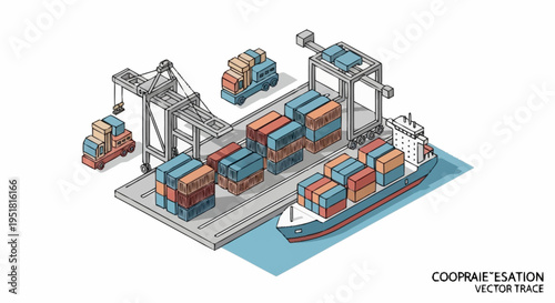 Isometric illustration of a busy container port with cranes, trucks, and a cargo ship being loaded with shipping containers.