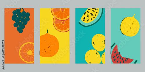 Colorful vertical panels display various fruits in a minimalist style