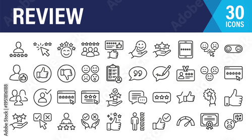 Review icons set with feedback, rating, and evaluation symbols in outline style on light background.