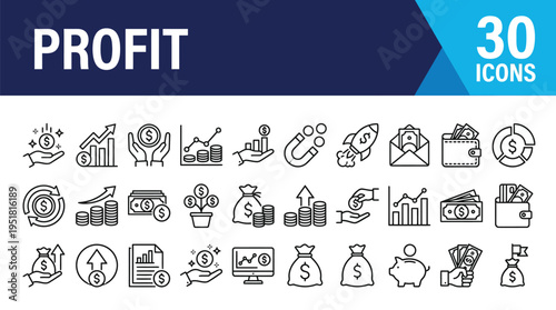 Profit icons set with finance, revenue, and business growth symbols in outline style on light background.