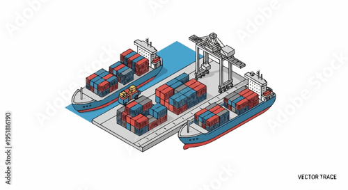 Isometric illustration of a busy shipping port with container ships being loaded and unloaded by cranes.