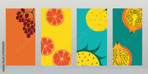 Colorful fruit patterns arranged in vertical rectangular panels