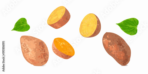 A collection of fresh sweet potatoes and vibrant green leaves