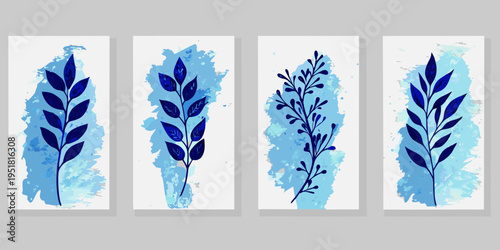 Four vertical panels displaying blue watercolor floral branch designs