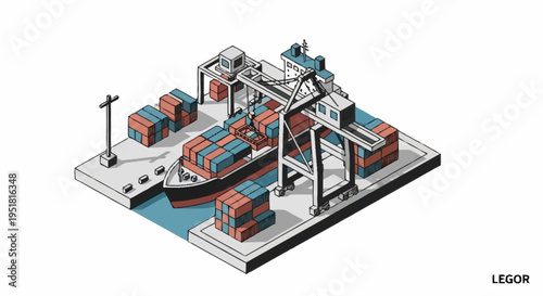 Isometric illustration of a busy shipping port with a cargo ship being loaded by a large crane and stacked containers on the dock.