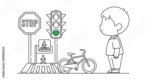 A cartoon illustration of a boy bicycle traffic light and crosswalk