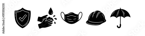 Set of black safety and protection icons on a white background featuring a shield, hand washing, face mask, hard hat, and umbrella. Ideal for insurance, health, and workplace safety concepts.