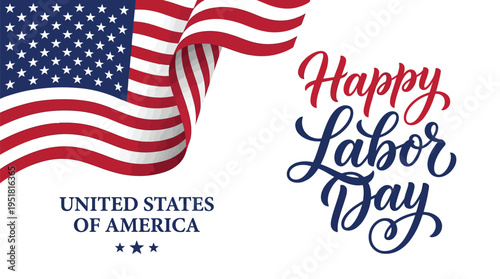 Patriotic Labor Day design with waving USA flag and decorative typography on light background.