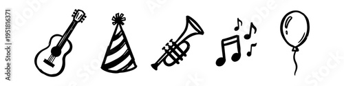 Set of hand-drawn party and music icons including a guitar, party hat, trumpet, musical notes, and balloon. Minimalist black line art on a white background, perfect for celebrations and events.