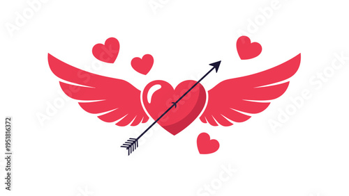 Romantic illustration of a large red heart with white wings pierced by a black arrow and surrounded by smaller floating pink hearts on white.