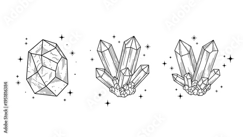 Mystical set of various hand-drawn crystal and gemstone illustrations, showcasing different facets and formations, enhanced with sparkling stars.