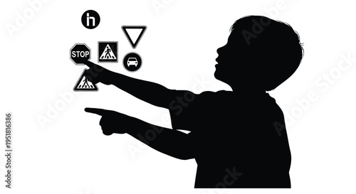 Child pointing at floating traffic signs in a black and white silhouette