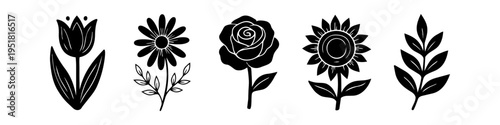 Set of five minimalist black botanical icons on white. Hand-drawn silhouettes of tulip, daisy, rose, sunflower, and leaves. Perfect for logos, branding, tattoos, and graphic design projects.
