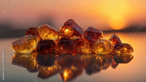 Glowing amberwood stones reflect warm sunset light, evoking luxury, nature, and olfactive inspiration in a sophisticated, modern style