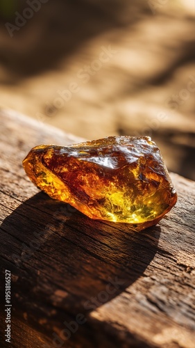 Glowing amberwood resin on rustic wood, showcasing rich golden hues and natural texture, ideal for luxury fragrance or olfactive concept visuals