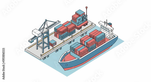Isometric illustration of a cargo ship being loaded with shipping containers at a port terminal with a crane.