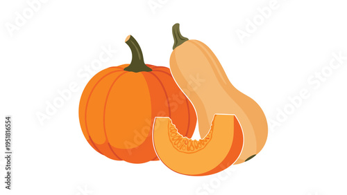 Vibrant flat illustration showcasing an assortment of orange pumpkins and a single slice, perfect for autumn harvest and Thanksgiving designs.
