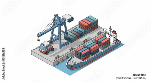 Isometric illustration of a cargo ship being loaded with containers at a port using a large crane and a truck.