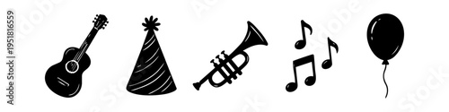 Set of hand-drawn black icons for a party or celebration, featuring a guitar, party hat, trumpet, musical notes, and balloon on a white background. Perfect for invitations and festive designs.