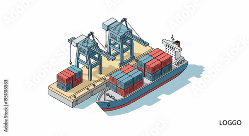 Isometric illustration of a cargo ship being loaded with containers at a port using cranes.