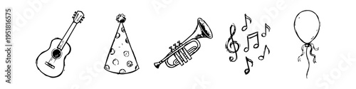 Hand-drawn festive sketches of an acoustic guitar, polka-dot party hat, trumpet, musical notes, and a balloon on a white background. Perfect for music and celebration-themed designs.