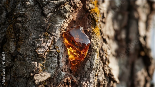 Glowing amber resin on textured tree bark evokes rich, woody warmth and natural luxury, perfect for fragrance and olfactive inspiration