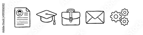 Hand-drawn business and education icons set including a resume, graduation cap, briefcase, envelope, and gears. Black and white sketch style for career and professional concepts.