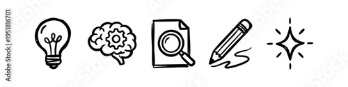 Hand-drawn doodle icons representing creativity, innovation, research, and logic. Includes a light bulb, brain with gear, magnifying glass on paper, pencil, and star on a white background.