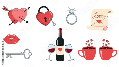 Comprehensive collection of Valentines Day icons including hearts with arrows a love letter lock and key wine glasses and coffee cups.