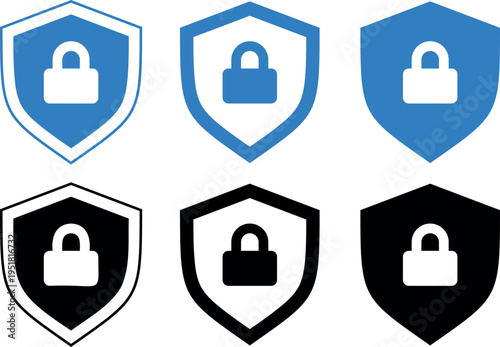Set of shield and lock icons representing security and protection in flat design style for digital use